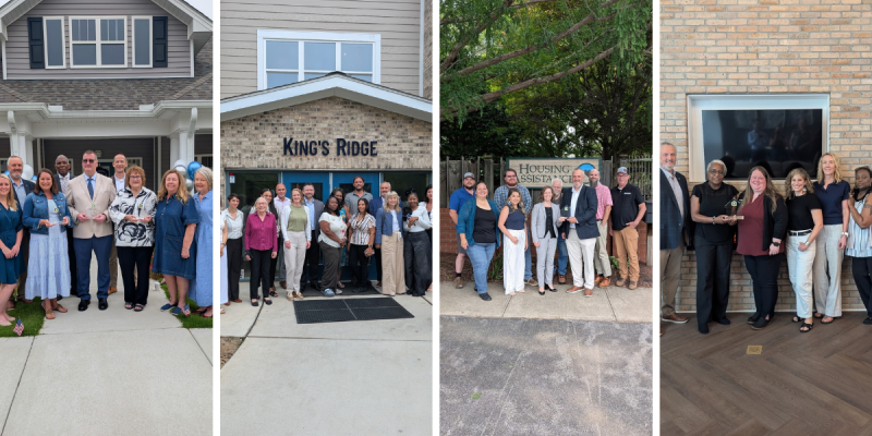 Four group photos of Housing N.C. Awards recipients posing with awards outside affordable housing communities and inside a residential building.